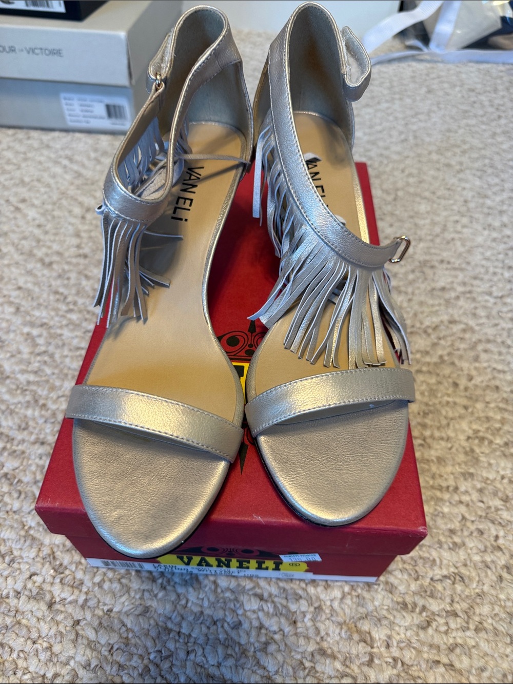 Vaneli Silver Fringe Ankle-Strap Heels